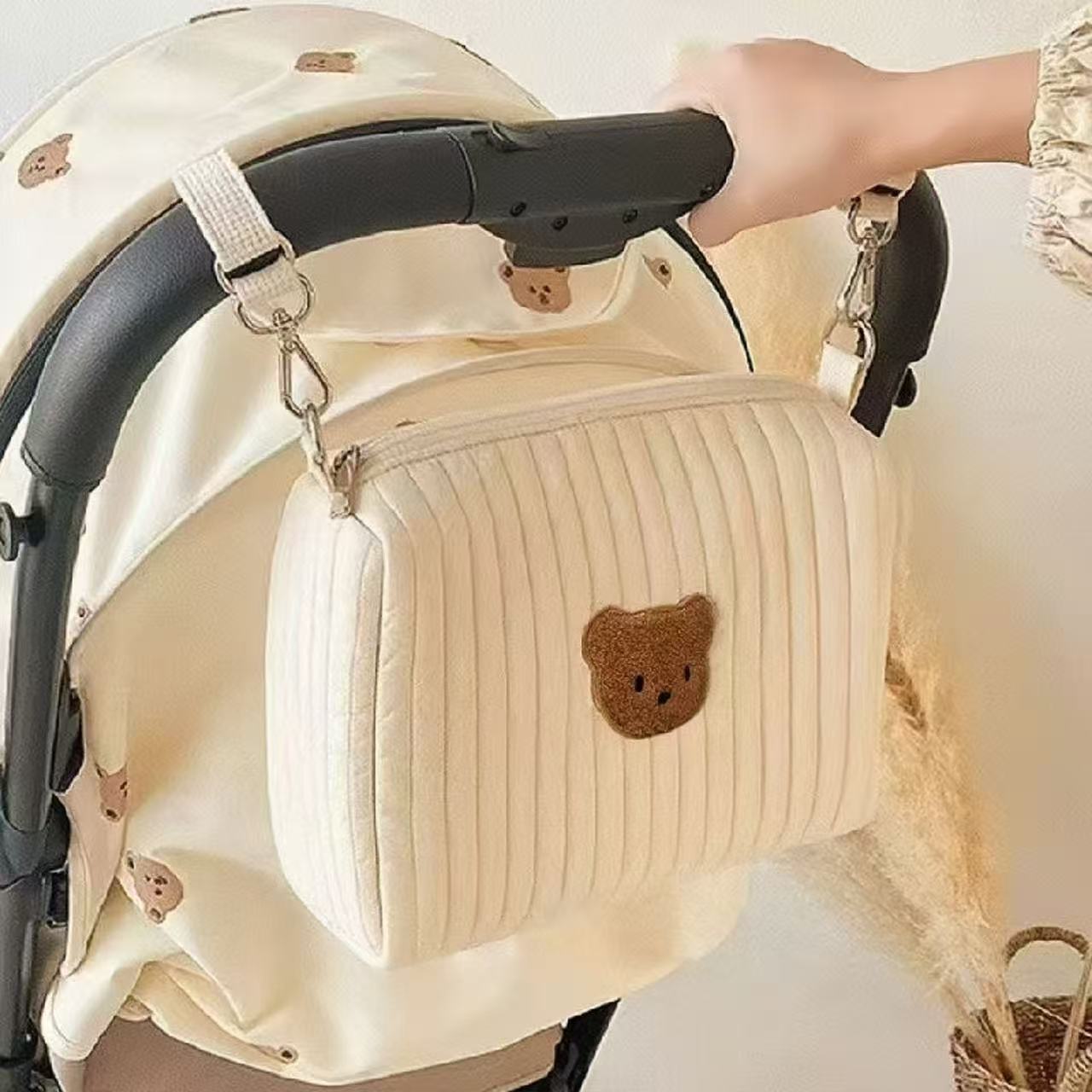 新款刺繡小熊純棉媽咪包推車掛包尿布收納包